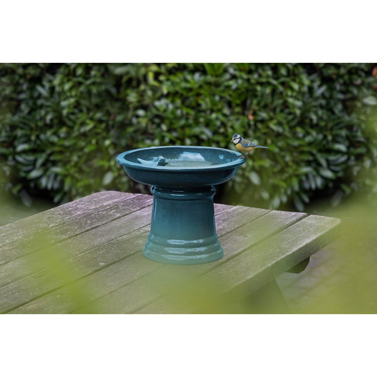Esschert Design Small Ceramic Petrol Blue Bird Bath on Pedestal - Home Deco London