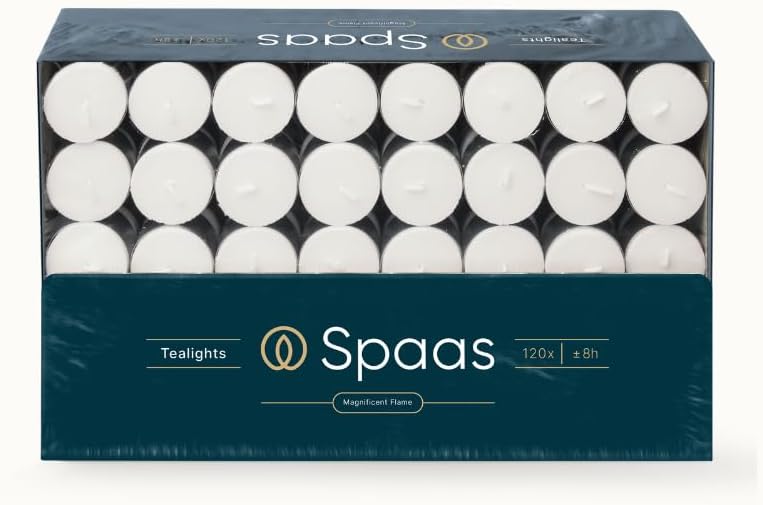 Spaas Box of 120 Unscented Tea Lights, 8 Hours, White