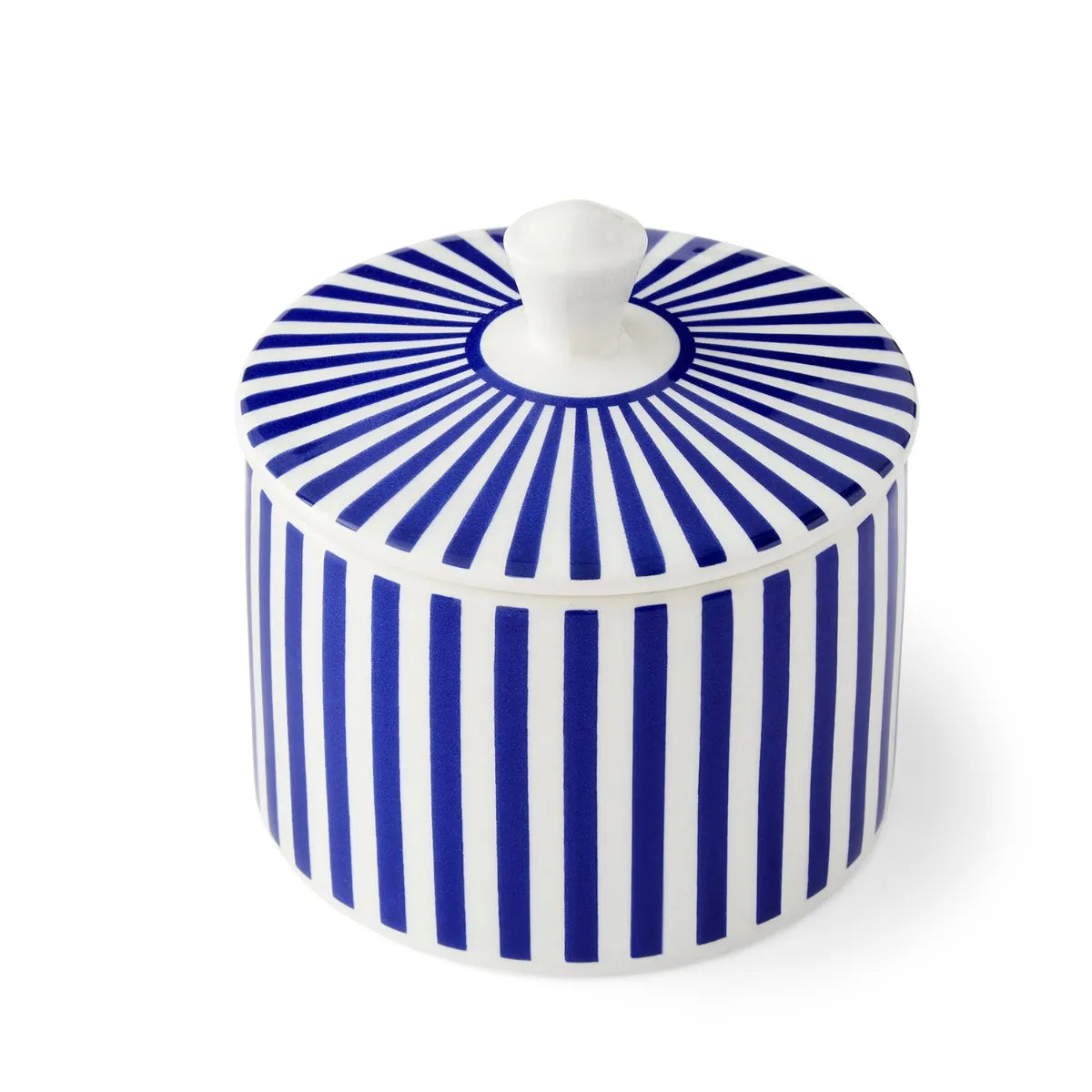 Close-up of the Spode Steccato Covered Sugar Bowl, featuring vibrant stripes that highlight its ceramic craftsmanship.