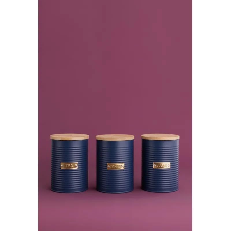 Typhoon Otto Kitchen Storage Canister Set including tea, coffee, and sugar canisters against a purple background, showcasing stylish kitchen storage options.