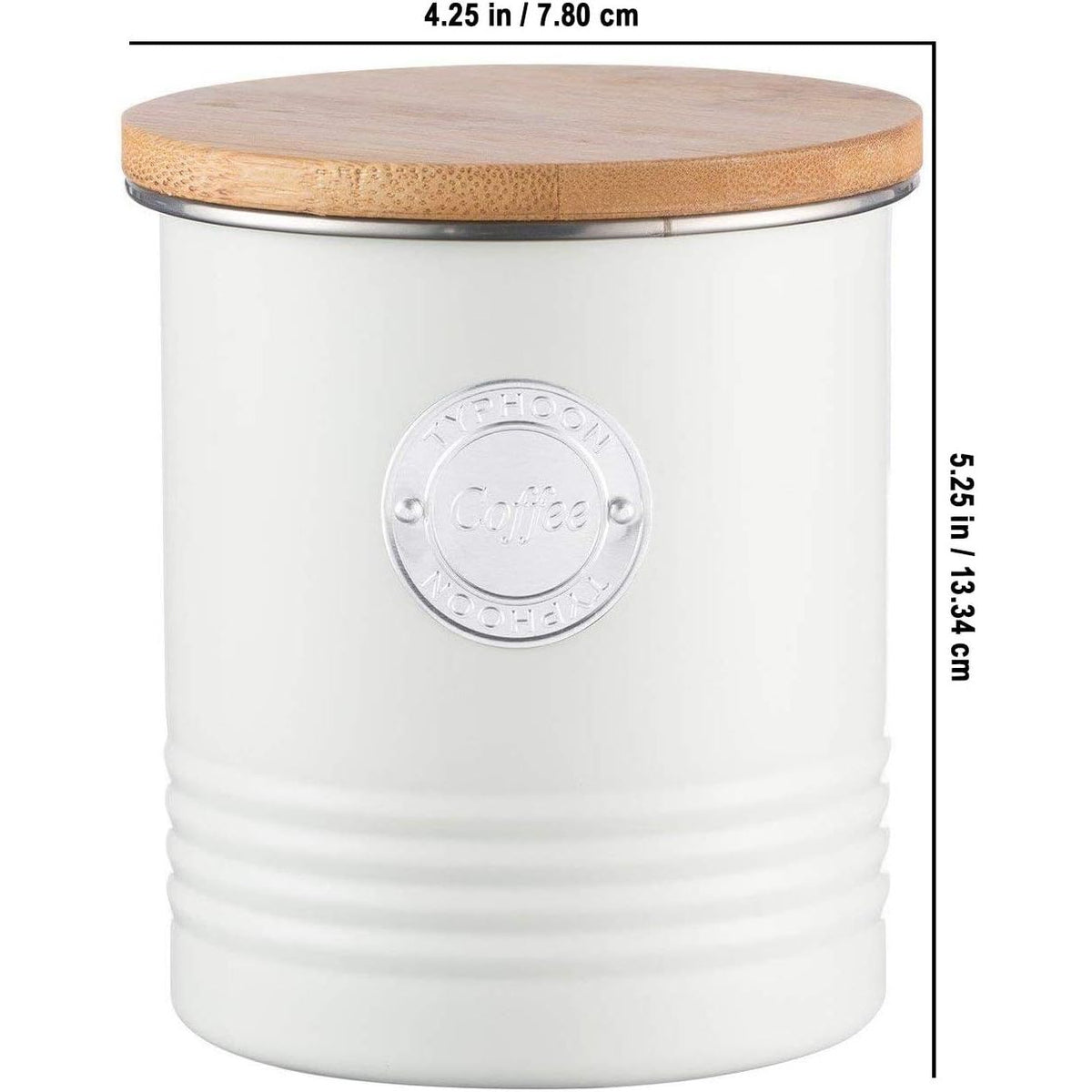 Typhoon Living Cream Tea Canister with bamboo lid, showcasing dimensions and stylish design for tea.