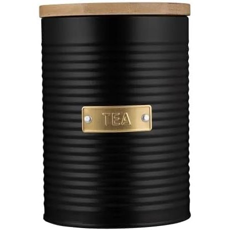 Tea canister from the Typhoon Otto Kitchen Storage Canister Set, featuring a sleek black metal design and bamboo lid, ideal for kitchen storage.