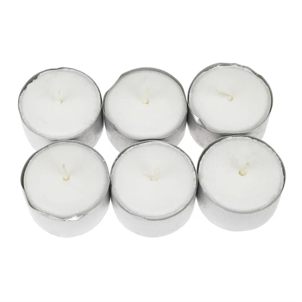 Realistic display of unscented tealight candles, ideal for creating a warm atmosphere in dining settings.