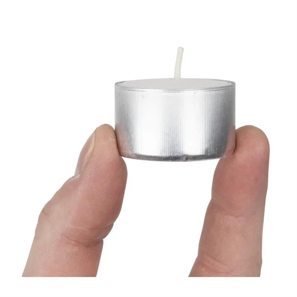Versatile unscented tealight candles in aluminium cups, perfect for home decor and mood lighting.