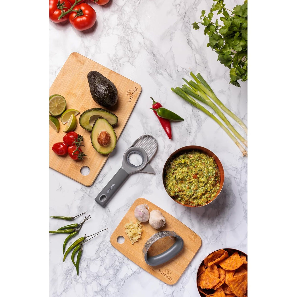 Easy to clean Viners 3 In 1 Avocado Tool on a kitchen counter, emphasizing that it's a convenient avocado cutting tool.