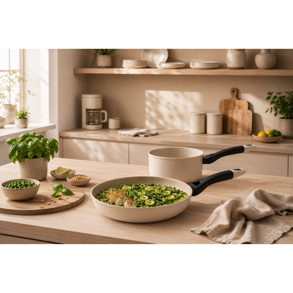 A beige non-stick frying pan and matching saucepan with black handles sat on a light wood kitchen counter.
