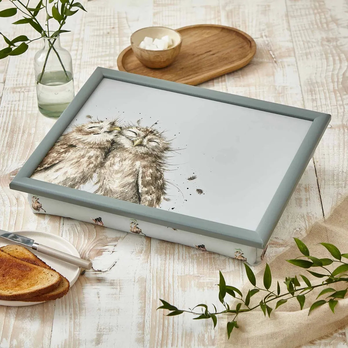 Elegant Wrendale Designs The Twits Cushioned Lap Tray designed by Hannah Dale, ideal for relaxed meals on the sofa.