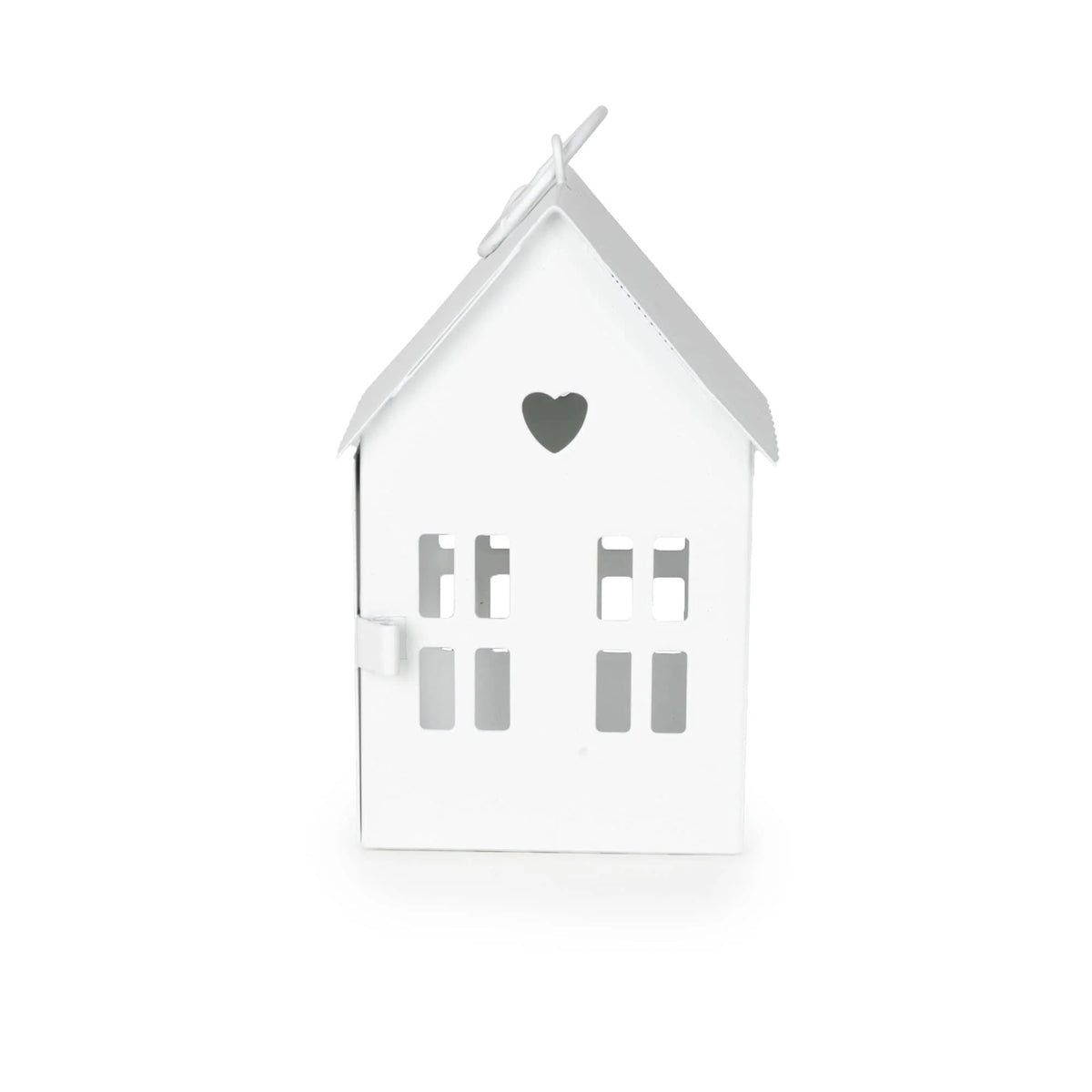 Small White Townhouse Lantern showcasing its classic design and heart-shaped cut out, perfect for adding charm to any space.