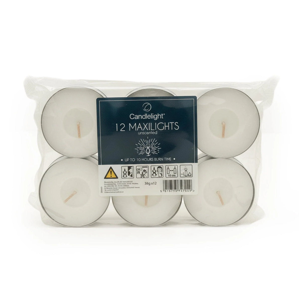 12 Unscented Maxilights - maxi tealights pack for warm and steady glow.