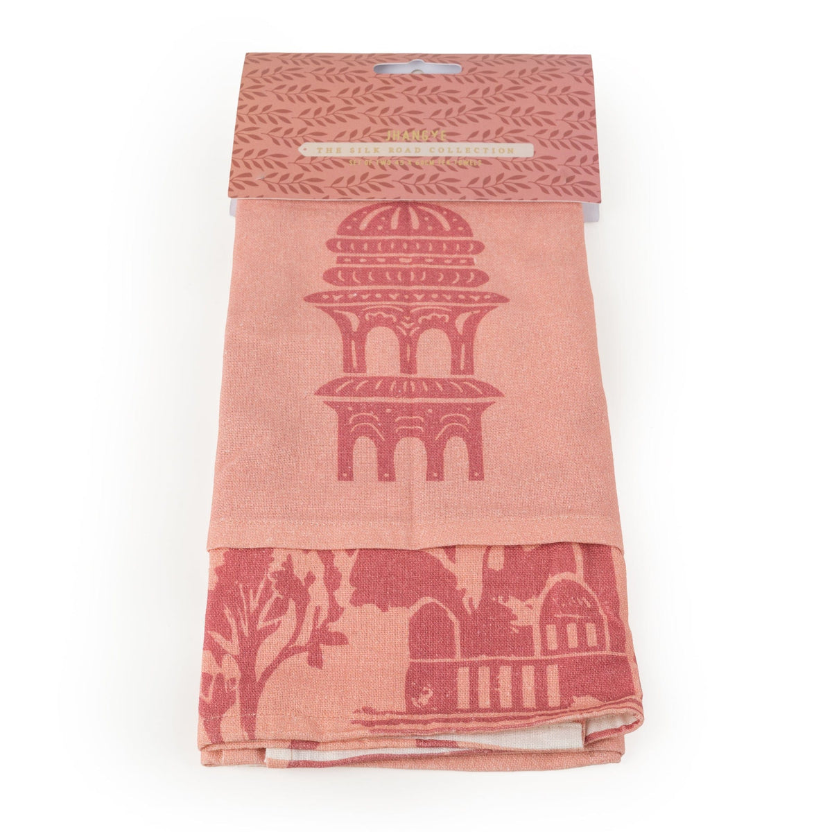 Kitchen Tea Towels Set of 2 with Jhangye, Ornate Pavilion Motifs in Terracotta Pink - Home Deco London