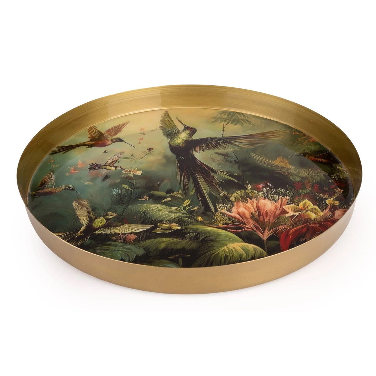 Brushed Metal Round Tray with Hummingbird Design