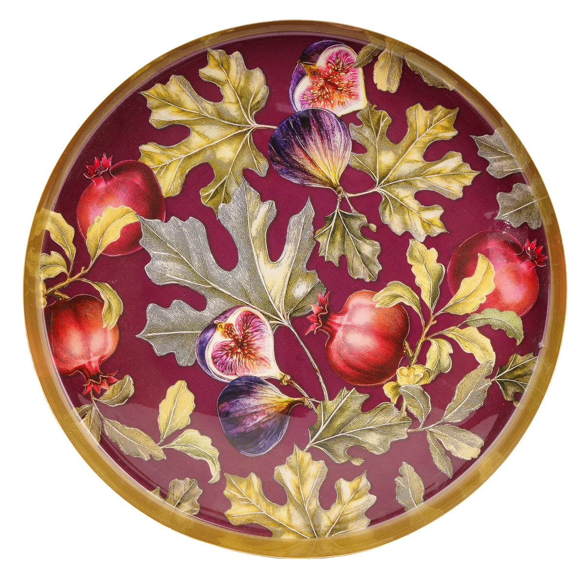 Gold Metal Round Tray Fig & Pomegranate Design