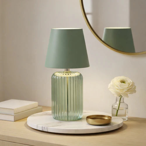 Close-up of the Ridged Glass Table Lamp - Green showcasing its textured design, ideal as a green table lamp.