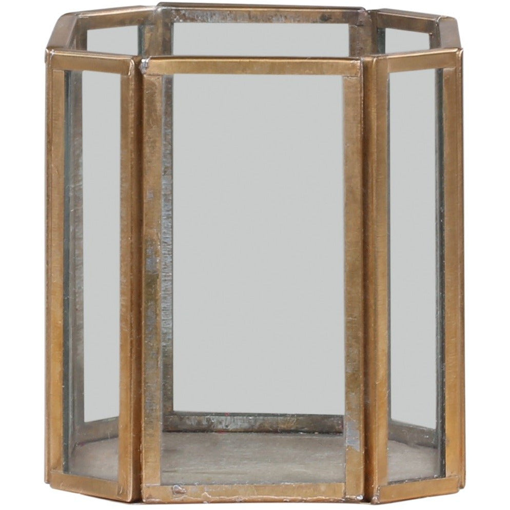 Antique Brass Hurricane Lantern - 8-Sided Glass Design, Perfect for 6cm Pillar Candles - Home Deco London