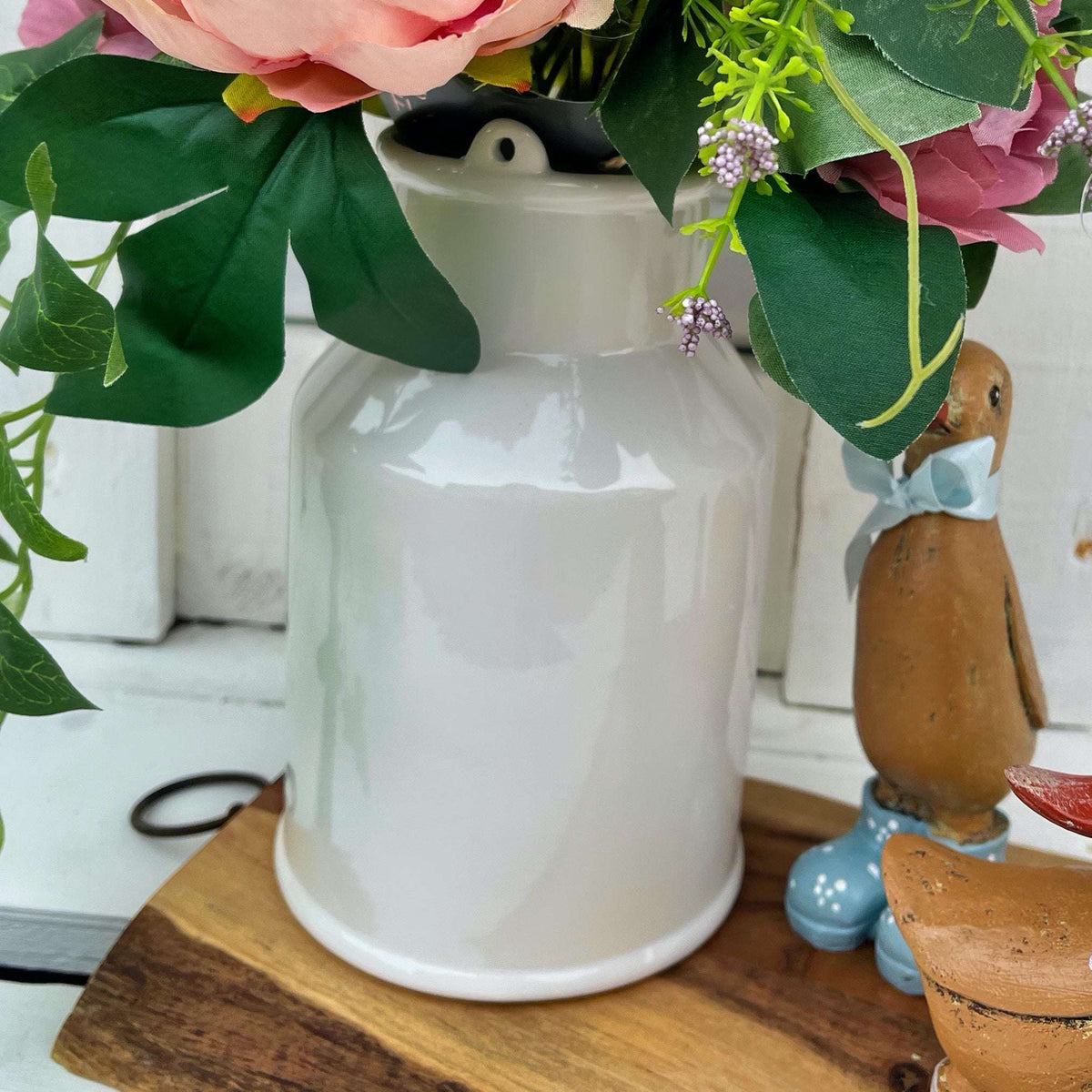 Artificial Peony Arrangement in White Ceramic Vase with Dusky Blooms and Greenery - 38cm Tall - Home Deco London