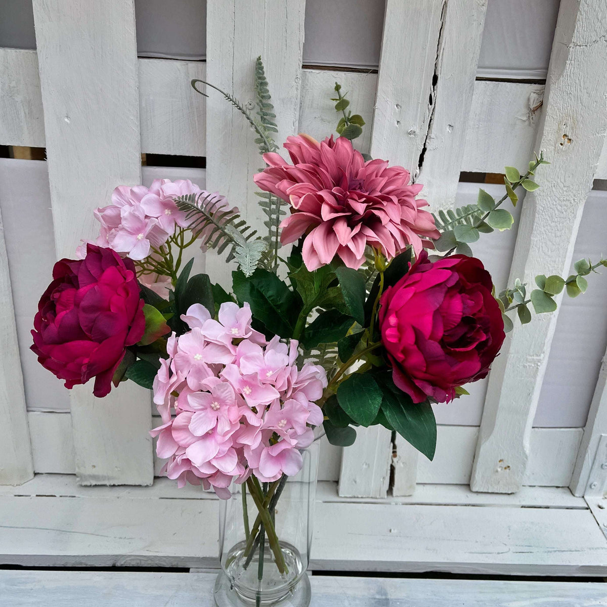 Dahlia Flower Arrangement: Millicent & Monarch Blooms in Elegant Glass Vase, 56cm Tall - Home Deco London