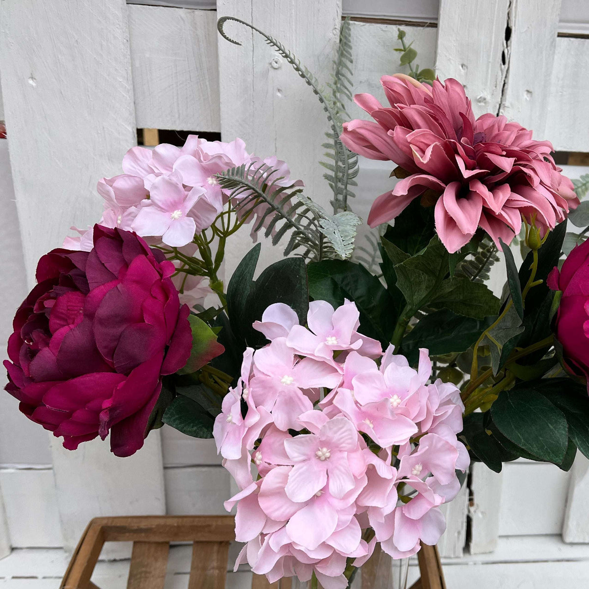 Dahlia Flower Arrangement: Millicent & Monarch Blooms in Elegant Glass Vase, 56cm Tall - Home Deco London