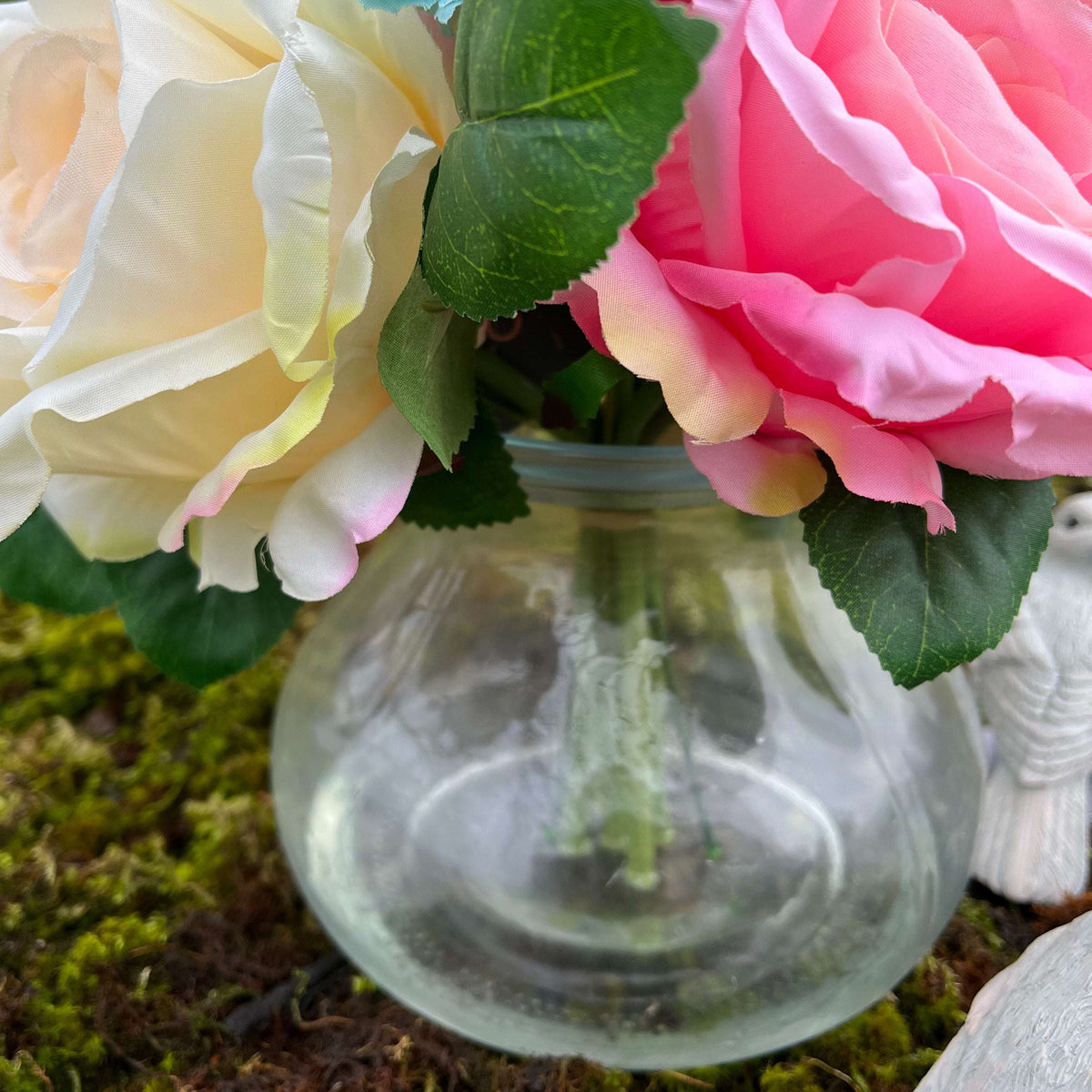 Jill Artificial Flowers For Home: Cream Peach Roses & Blue Daisies in Glass Vase 21x19x26cm - Home Deco London