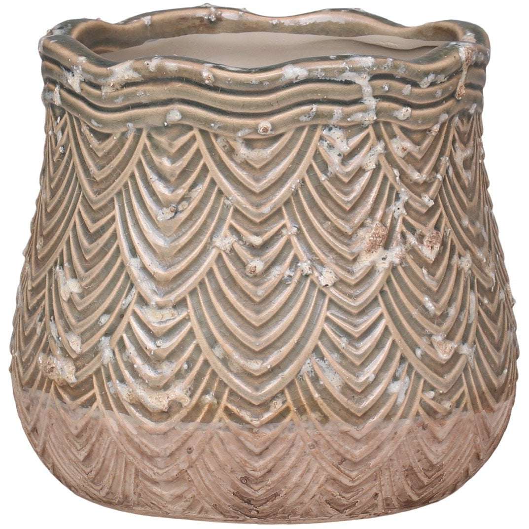 Medium Dusty Green Ceramic Flower Pot With Rounded Shape And Fan Pattern - Home Deco London