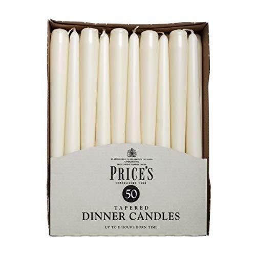 Pack of 50 Price's Candles Tapered Dinner Candles in elegant ivory, perfect for creating a warm atmosphere for dinners and special occasions.