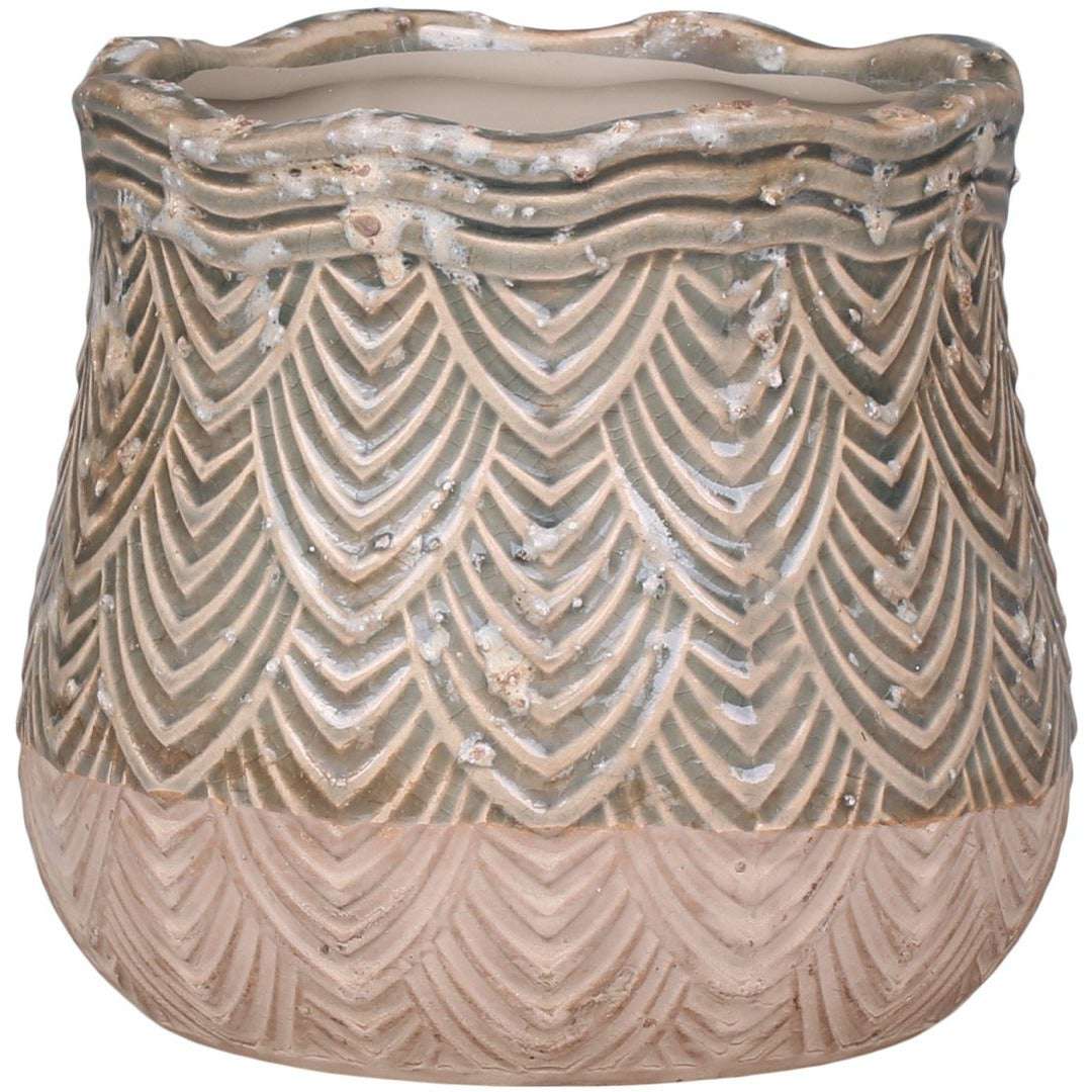 Rounded Flowerpot Small in Dusty Green with Fan Pattern - Chic Antique Ceramic Decor - Home Deco London