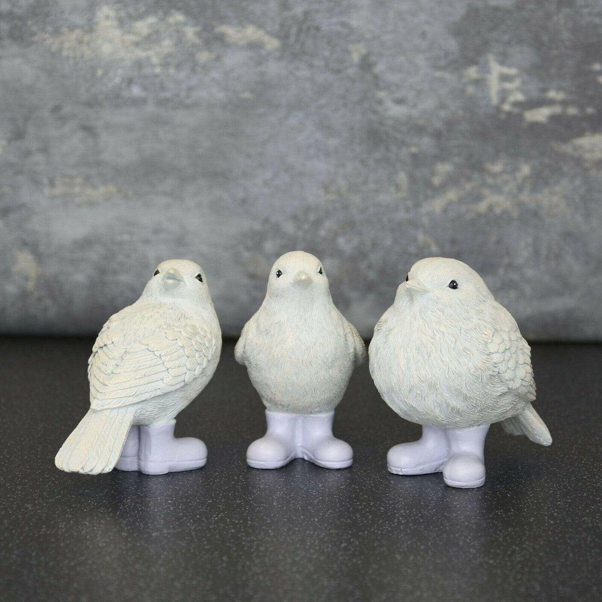 Set of 3 Wellies Bird Figurines in Gift Box - White and Lilac 10cm Decorative Birds - Home Deco London