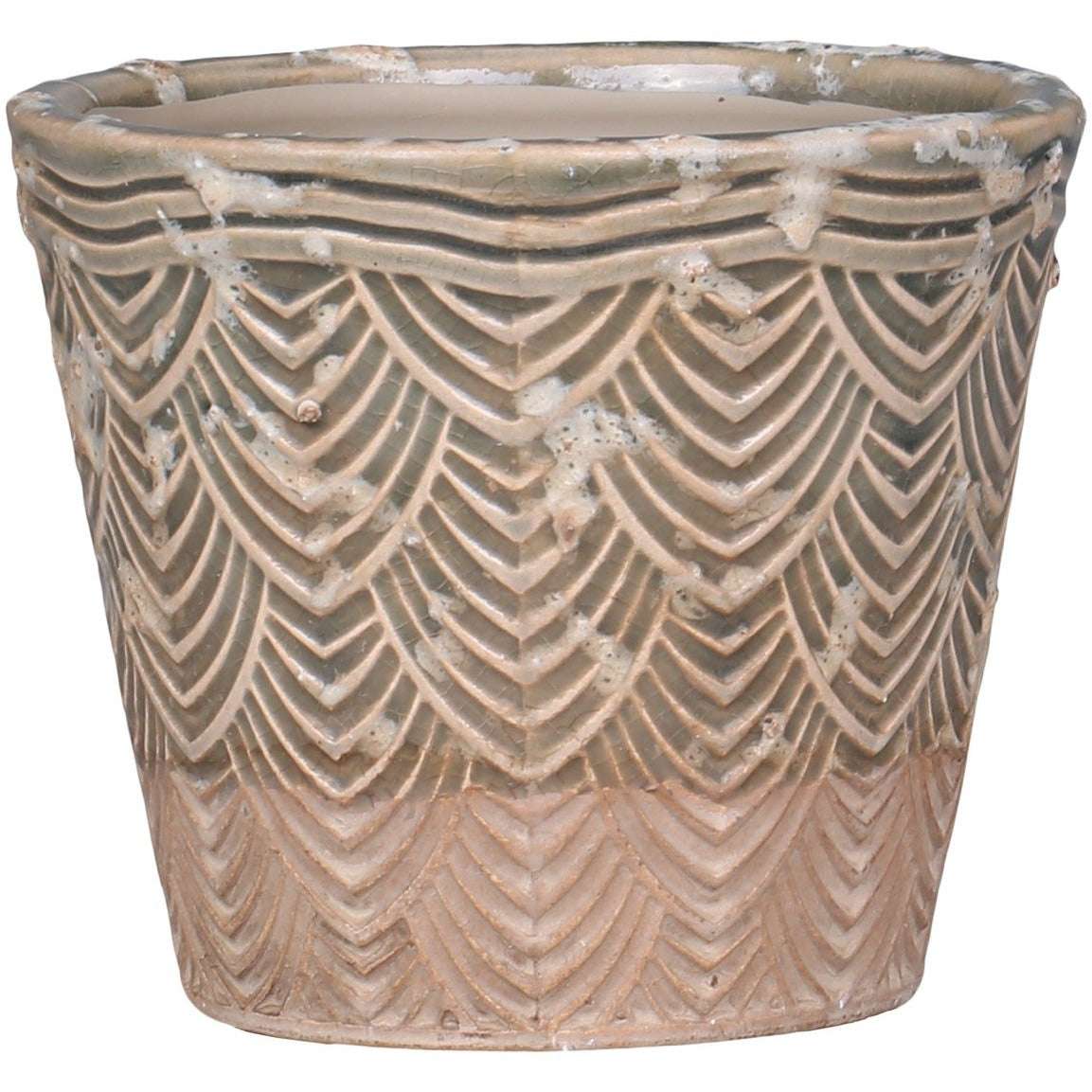 Small Dusty Green Ceramic Flowerpot with Fan Pattern by Chic Antique, H10/D11 cm - Home Deco London
