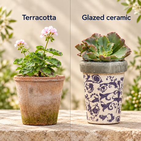 Aged terracotta pot with pink flowers beside a blue and white glazed ceramic planter containing a succulent