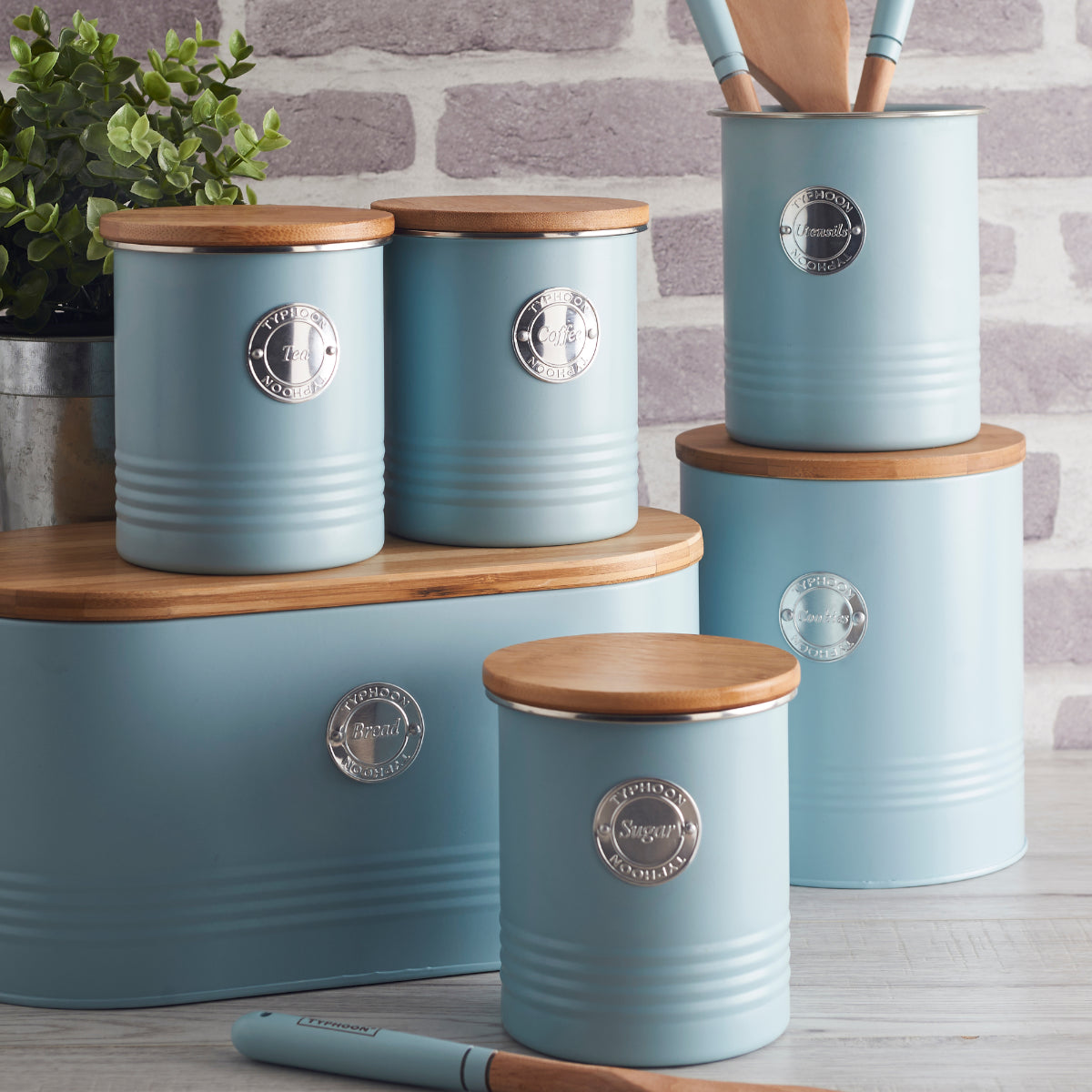Stylish Typhoon Living tea coffee storage canisters in mint green, featuring airtight bamboo lids, perfect for keeping your tea, coffee, and sugar fresh.