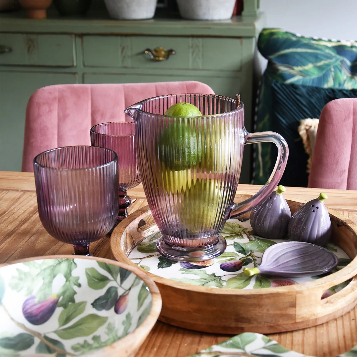 Glass Pitcher, Ridged Design, Plum Colour 20cm