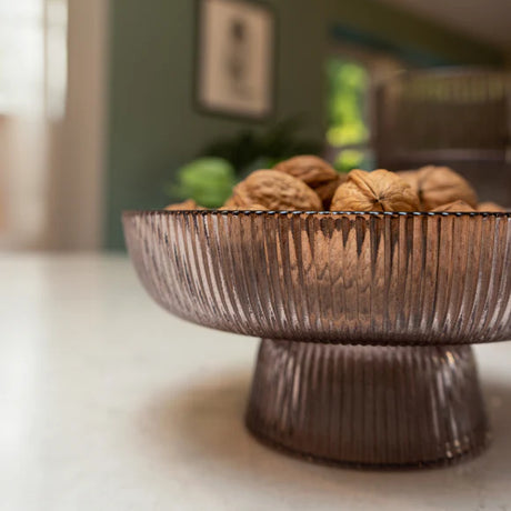 Ridged Pedestal 20cm Glass Serving Bowl Plum - Home Deco London