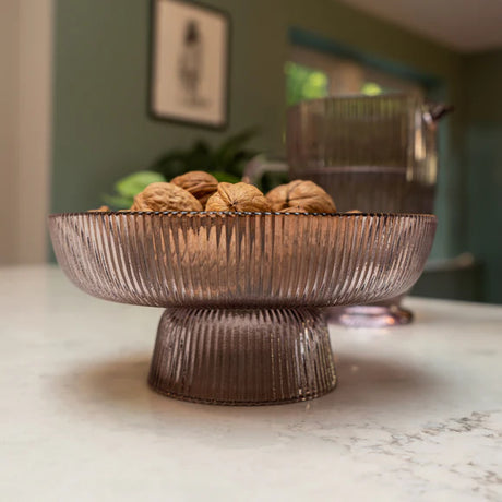 Ridged Pedestal 20cm Glass Serving Bowl Plum - Home Deco London
