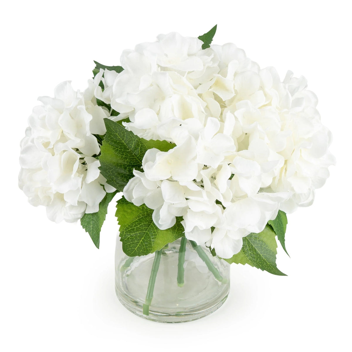White Hydrangeas in Glass Vase – 27cm Hydrangea Flower Arrangement