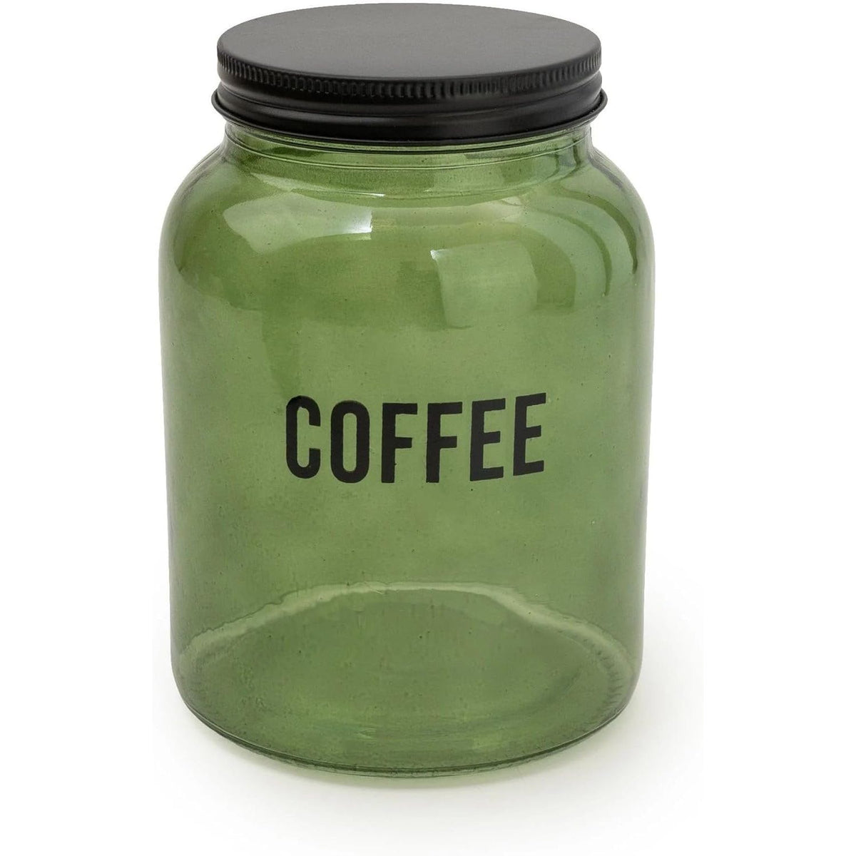 Set of Olives Apothecary tea coffee sugar canisters in vintage green glass, perfect for keeping kitchen essentials organized.