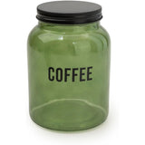 Set of Olives Apothecary tea coffee sugar canisters in vintage green glass, perfect for keeping kitchen essentials organized.