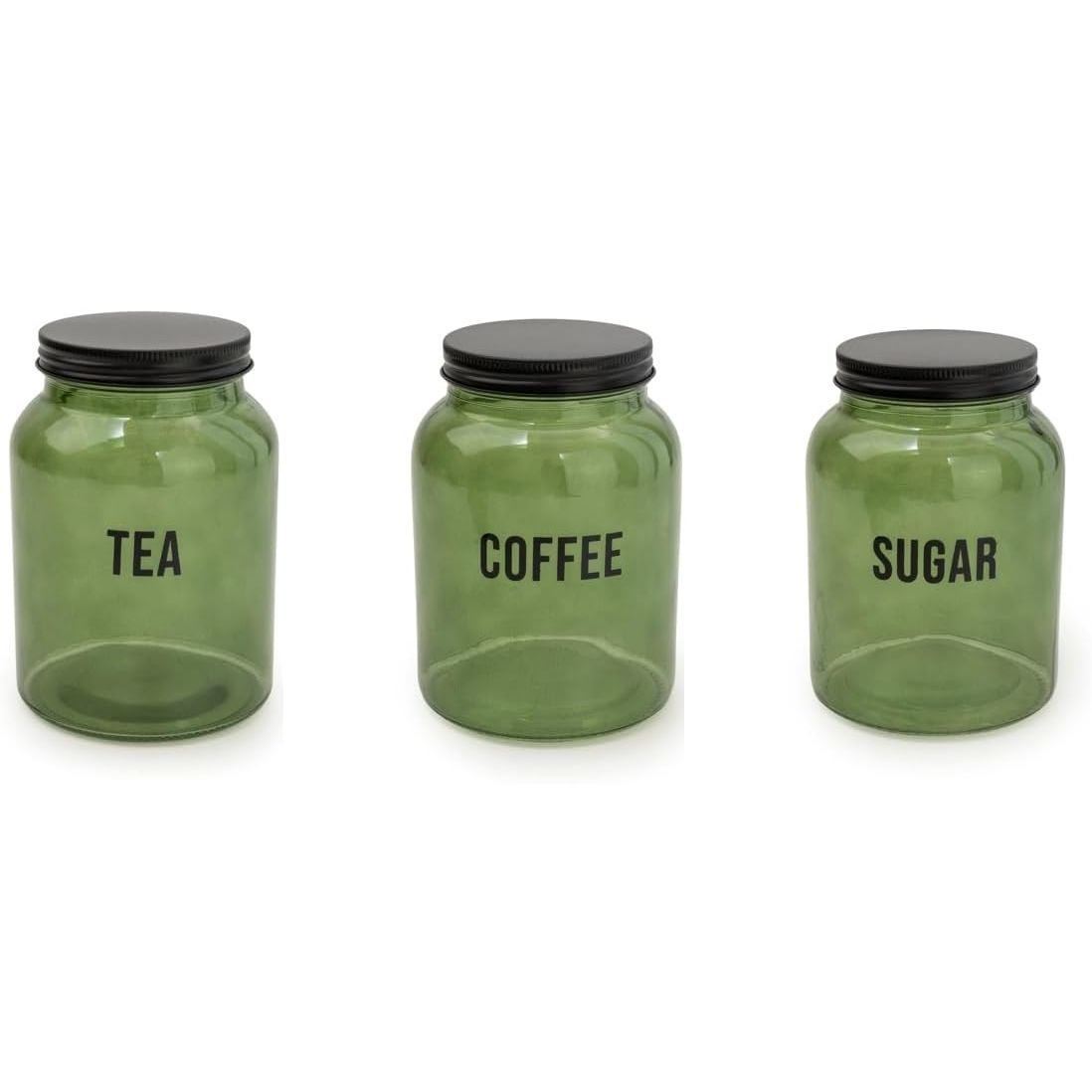 Olives Apothecary green glass canister with black lid for tea coffee sugar storage, perfect for kitchen organization.