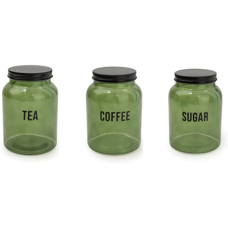 Olives Apothecary green glass canister with black lid for tea coffee sugar storage, perfect for kitchen organization.