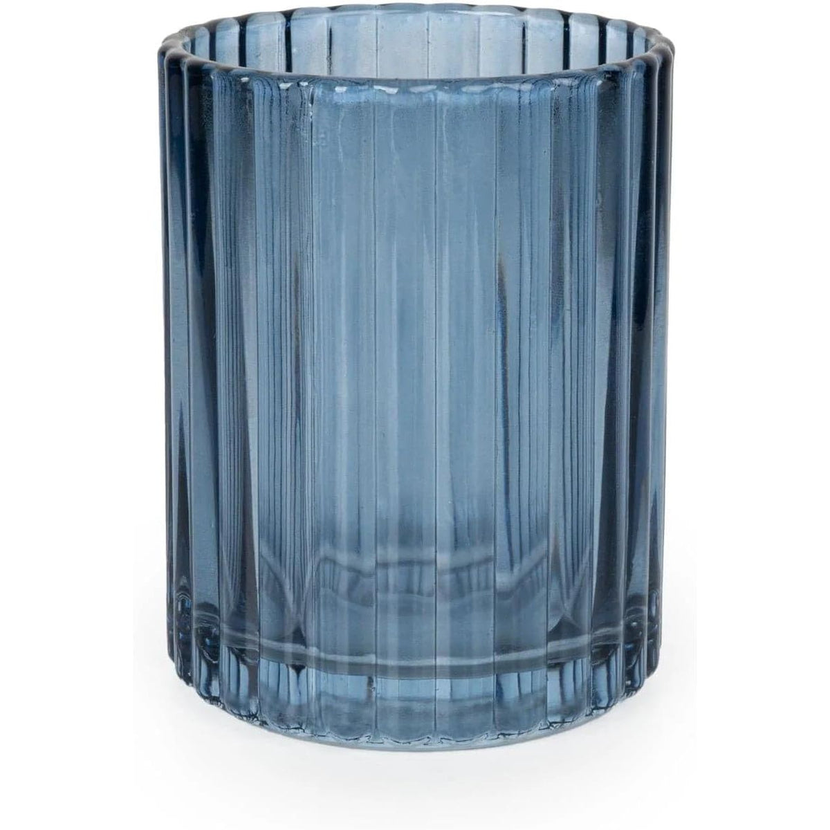 Close-up view of the tumbler from the Home Deco London Blue Glass Bathroom Accessories Set showcasing ribbed design bathroom accessories in an elegant blue color.