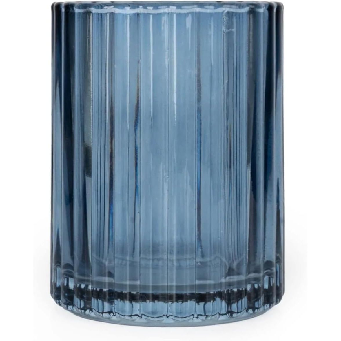 Another angle of the tumbler from the Home Deco London Blue Glass Bathroom Accessories Set, highlighting the ribbed design bathroom accessories in a beautiful blue hue.