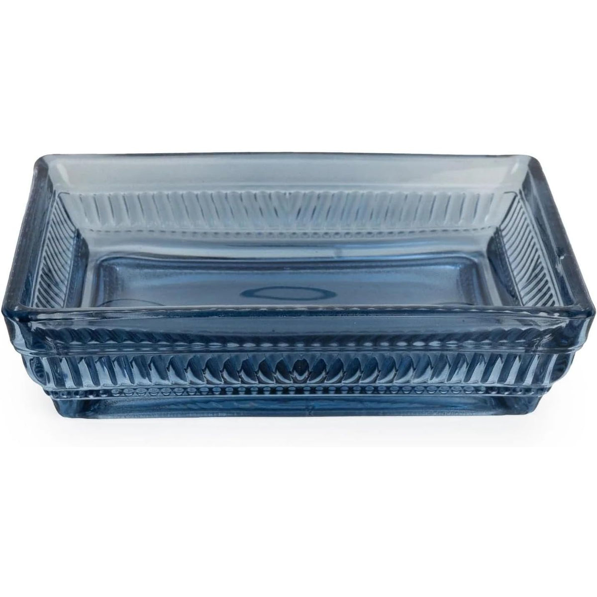 The rectangular soap dish from the Home Deco London Blue Glass Bathroom Accessories Set, featuring a stylish ribbed design, ideal for organizing your bath essentials.