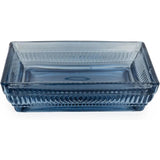 The rectangular soap dish from the Home Deco London Blue Glass Bathroom Accessories Set, featuring a stylish ribbed design, ideal for organizing your bath essentials.