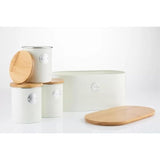 Complete 4-Piece Kitchen Storage Set featuring canisters and a bread bin, with bamboo lids, great kitchen storage containers for tea, coffee, sugar, and bread.