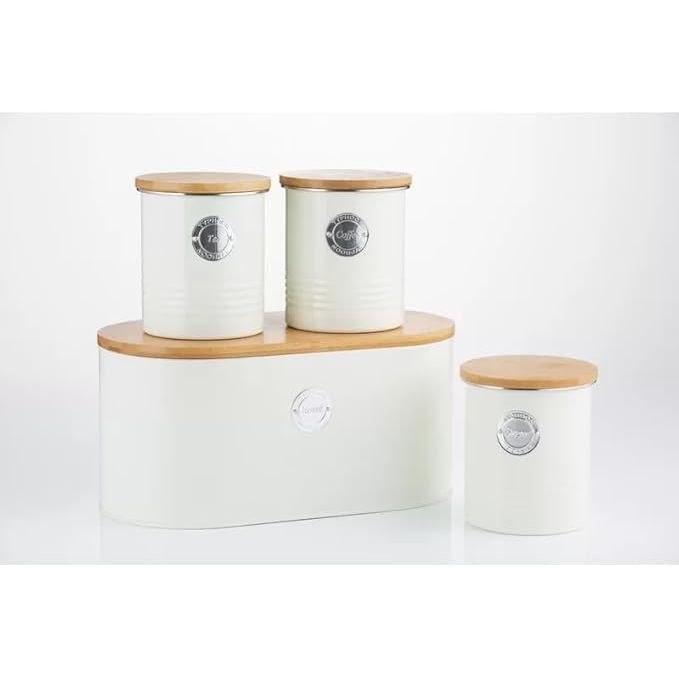 Stylish display of the 4-Piece Kitchen Storage Set with metal canisters and a bread bin, perfect kitchen storage containers to enhance your kitchen's organisation.