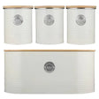 Kitchen Storage Set, 4-Piece Canister Collection with Bamboo Lids, featuring cream white metal containers, ideal kitchen storage containers for tea, coffee, sugar, and bread.