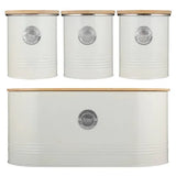 Kitchen Storage Set, 4-Piece Canister Collection with Bamboo Lids, featuring cream white metal containers, ideal kitchen storage containers for tea, coffee, sugar, and bread.