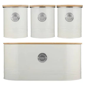 Kitchen Storage Set, 4-Piece Canister Collection with Bamboo Lids, featuring cream white metal containers, ideal kitchen storage containers for tea, coffee, sugar, and bread.