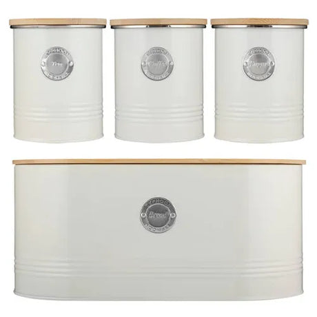 Kitchen Storage Set, 4-Piece Canister Collection with Bamboo Lids, featuring cream white metal containers, ideal kitchen storage containers for tea, coffee, sugar, and bread.