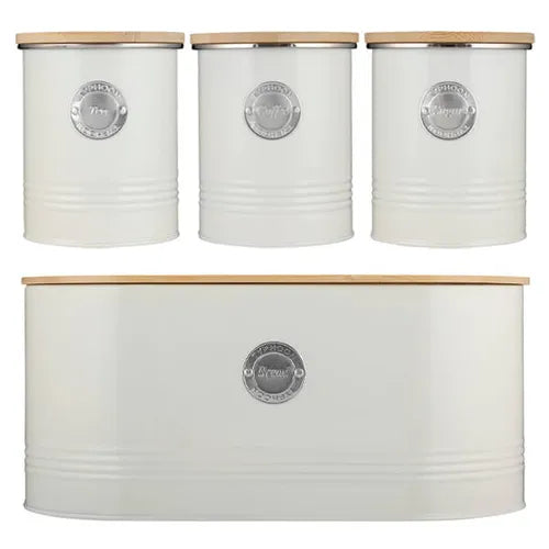 Kitchen Storage Set, 4-Piece Canister Collection with Bamboo Lids, featuring cream white metal containers, ideal kitchen storage containers for tea, coffee, sugar, and bread.