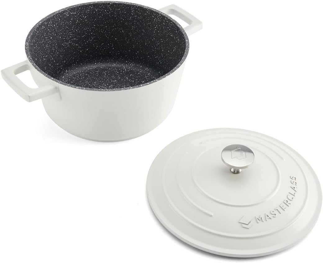 MasterClass Small Casserole Dish with Lid 2.5L/20 cm, Lightweight Cast Aluminium, Induction Hob and Oven Safe, Cream