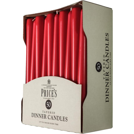 Price's Candles Red Tapered Dinner Candles Pack of 50
